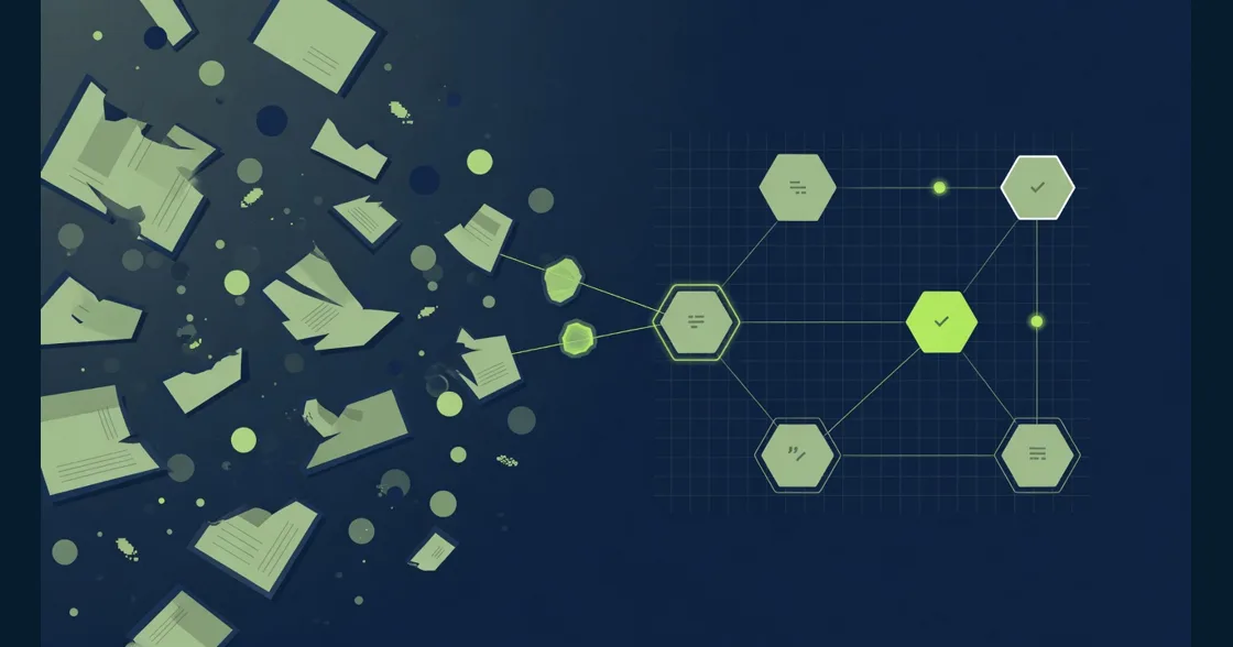 Fragmented document shards on the left converging into a clean connected knowledge graph on the right